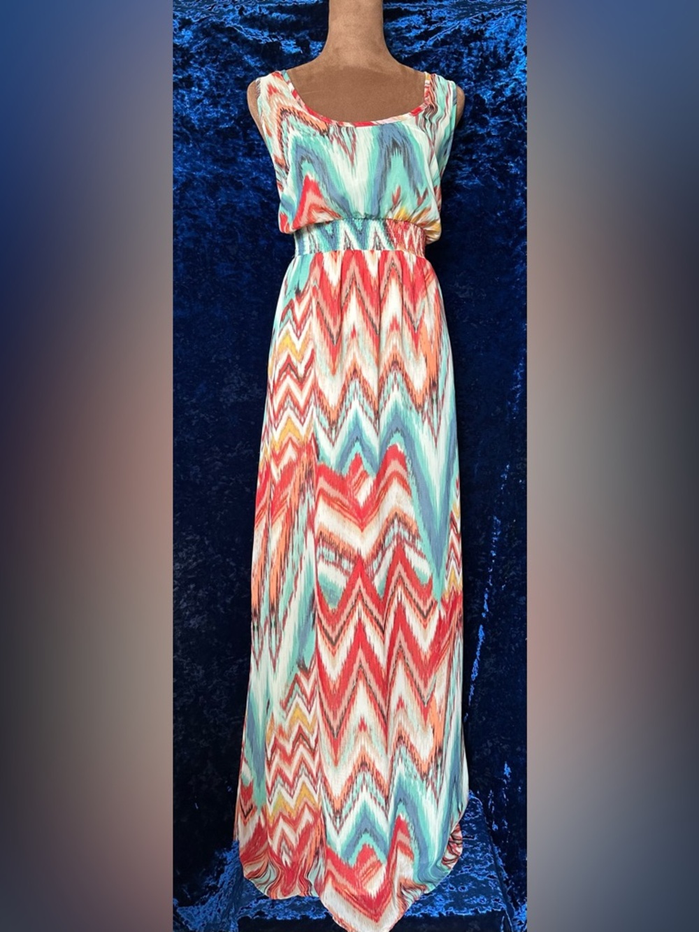 Sleeveless Chevron Floor Length Dress in Coral & Teal